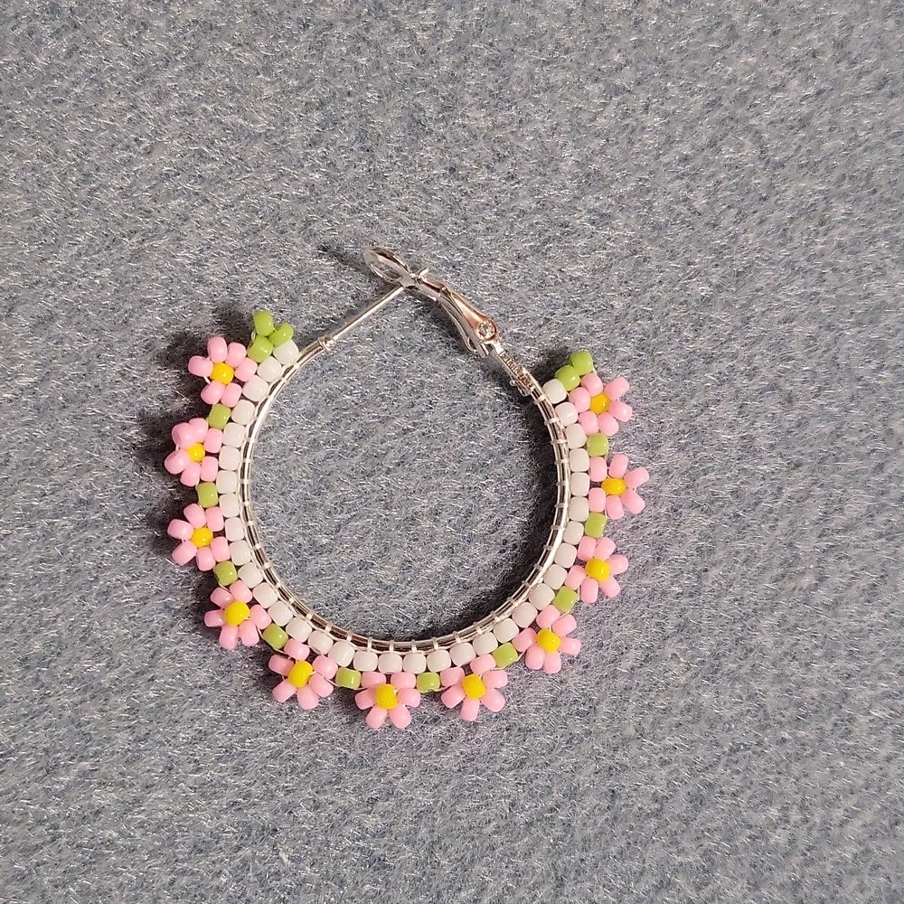 Handmade Floral beaded Earrings – Pink, Yellow, Green, & White. - Picture 2 of 2